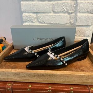 C.Paravano Crystal Strap Flats, Pointed Toe, Mary Jane, New in Box